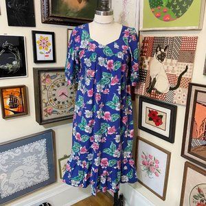 80s Vintage Blue Pink Green Gray Hawaiian Floral Ruffle Hem Puff Sleeve MuuMuu L